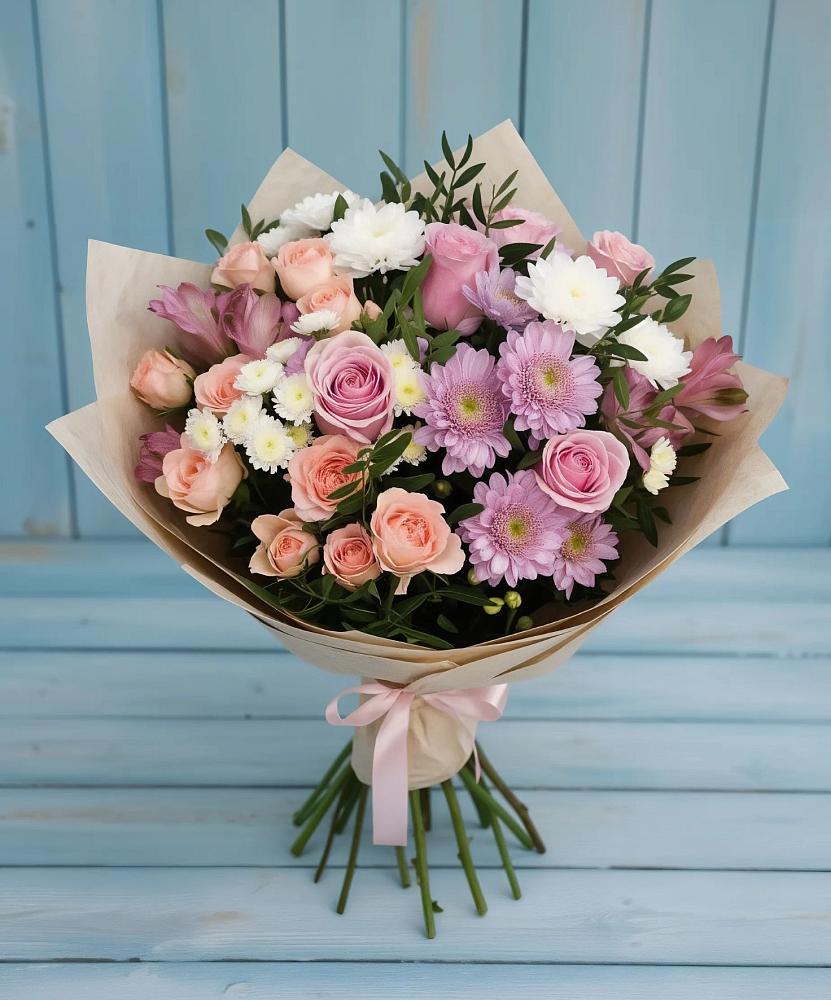 Букет цветов из: Хризантемы, Розы и Альстромерии в Новолабинской