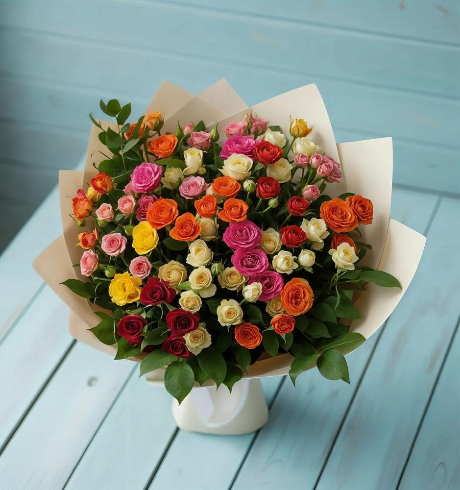 Букет Микс из разноцветных кустовых роз в Новолабинской