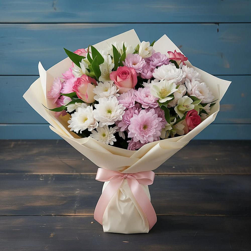 Букет цветов из: Хризантемы, Альстромерии и Розы в Новолабинской